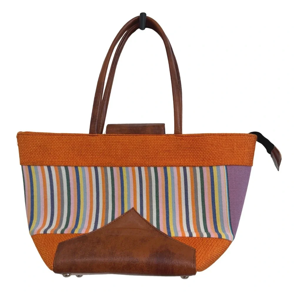 Boho Beaded Striped Woven Tote Bag Orange Brown Faux Leather Shoulder Bag Large